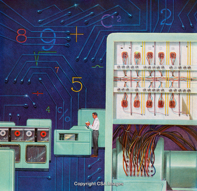Retro Illustration of Early Electronic Computing and Circuitry Concepts