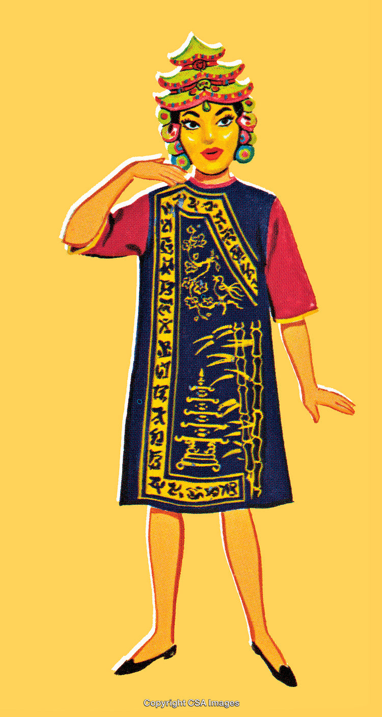 Traditional Illustration of Woman Wearing Cultural Attire on Yellow Background