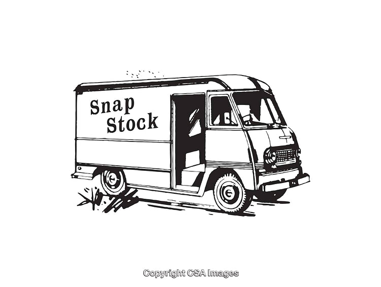 Black and White Retro Delivery Van Line Art Illustration