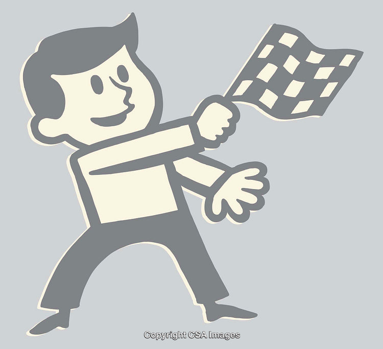 Cartoon Character Waving Checkered Flag in Retro Design Style
