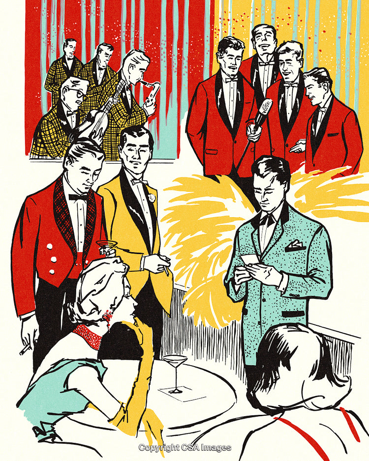 Vintage Illustration of a Social Gathering Featuring Elegantly Dressed Individuals