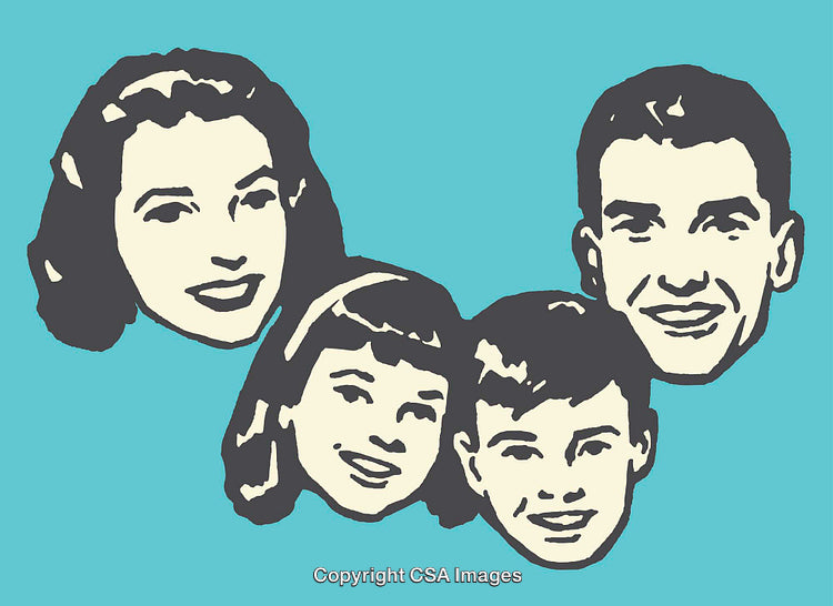 Retro Family Portrait Illustration with Smiling Faces on Teal Background
