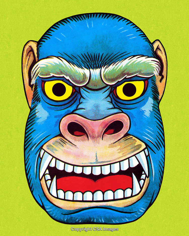 Colorful Illustrated Blue Gorilla Face Art with Expressive Yellow Eyes