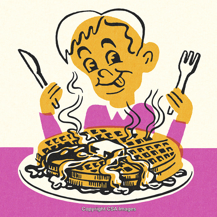 Retro Illustration of a Happy Person Enjoying Delicious Waffles and Syrup