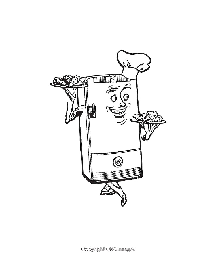 Vintage Cartoon Refrigerator Holding Plates of Food in Black and White Artwork