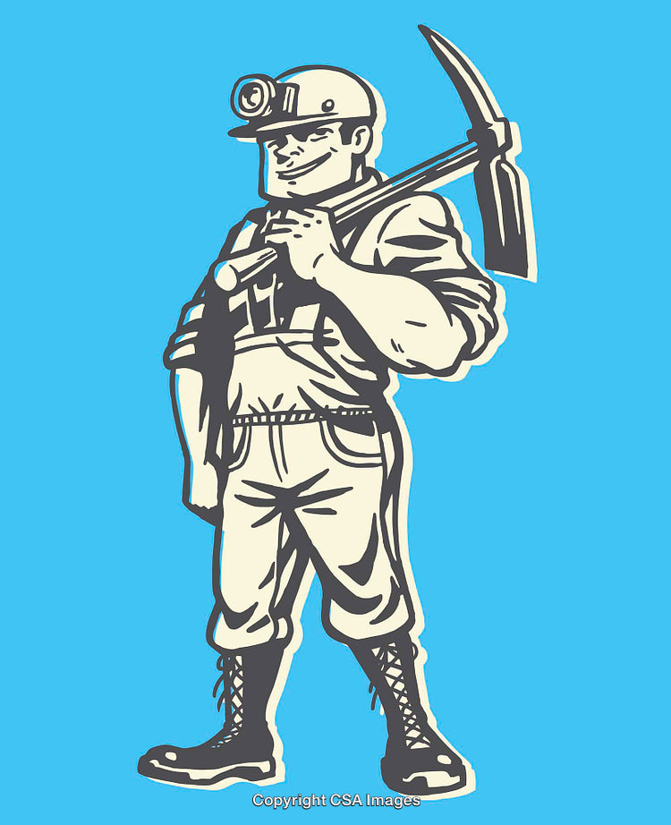 Color Illustration of a Miner with Pickaxe on Blue Background