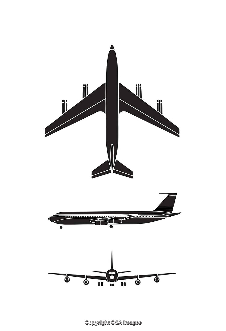 Set of Black and White Aircraft Line Art Illustrations