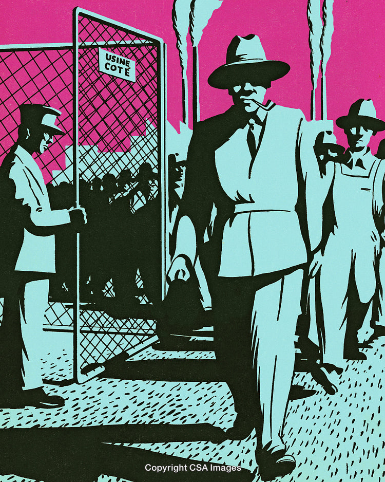 Monochromatic Illustration of Workers Leaving Factory with Industrial Setting