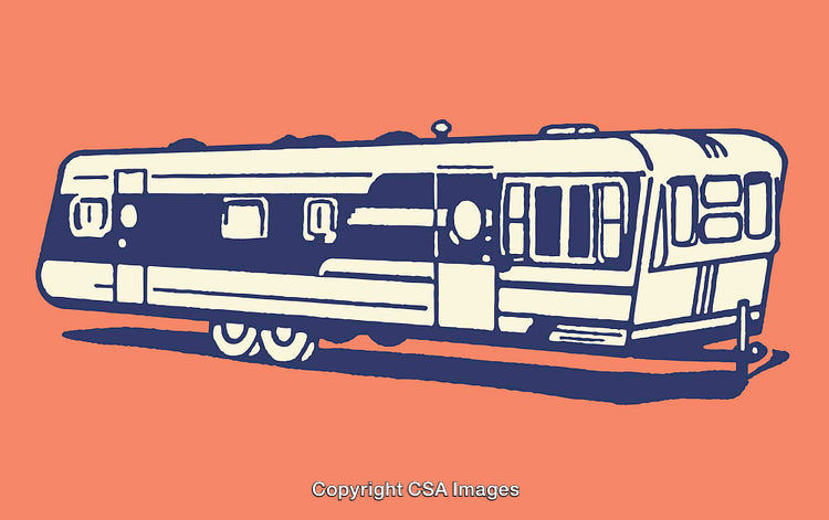 Color Line Art Illustration of a Vintage Travel Trailer on Coral Background