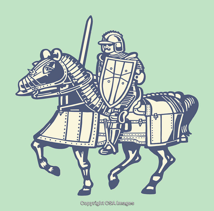 Medieval Knight on an Armored Horse in Color Line Art Illustration