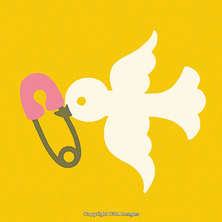 Illustration of a Dove Holding a Pin Against Bright Yellow Background