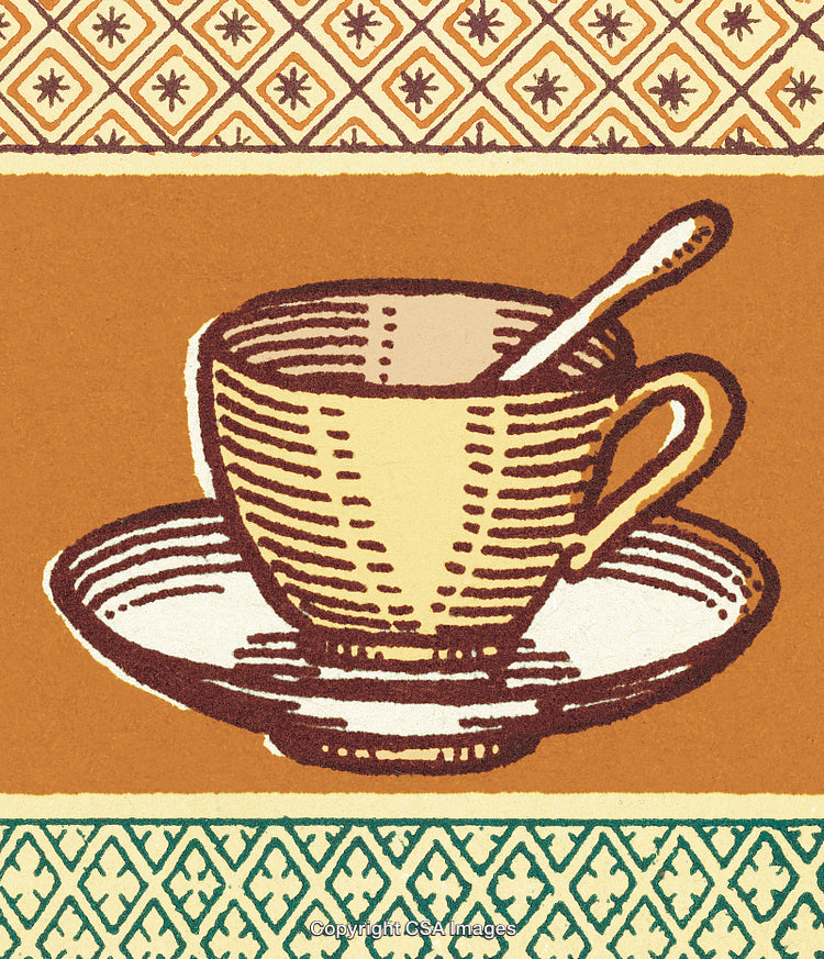 Vintage Illustration of Tea Cup with Decorative Patterns and Warm Colors