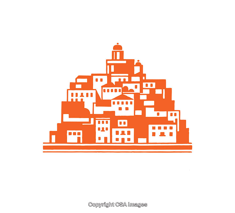 Orange Illustration of a Traditional Hilltop Village Iconic Scene