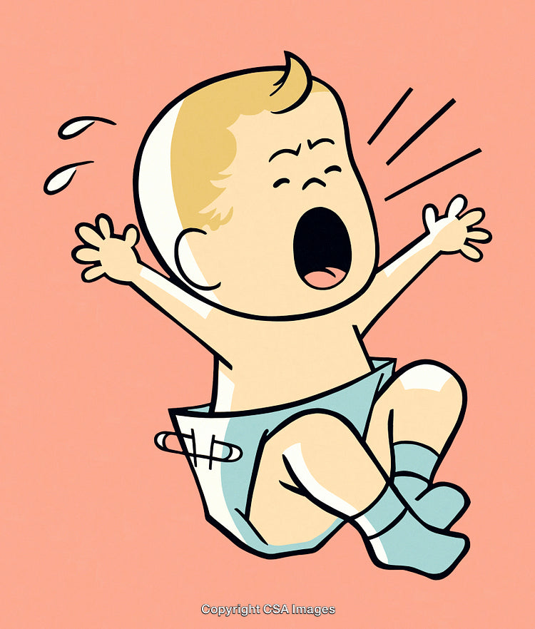Retro Cartoon Illustration of Cute Crying Baby Wearing a Diaper