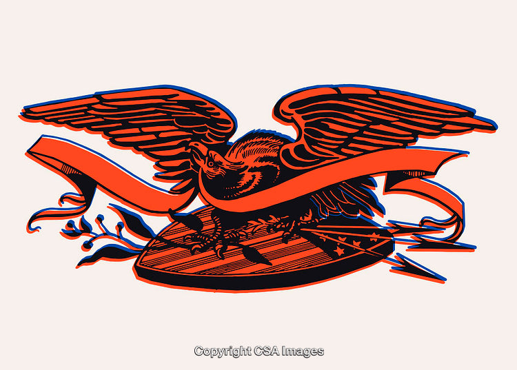 Vintage Eagle Illustration with Shield and Flowing Ribbons