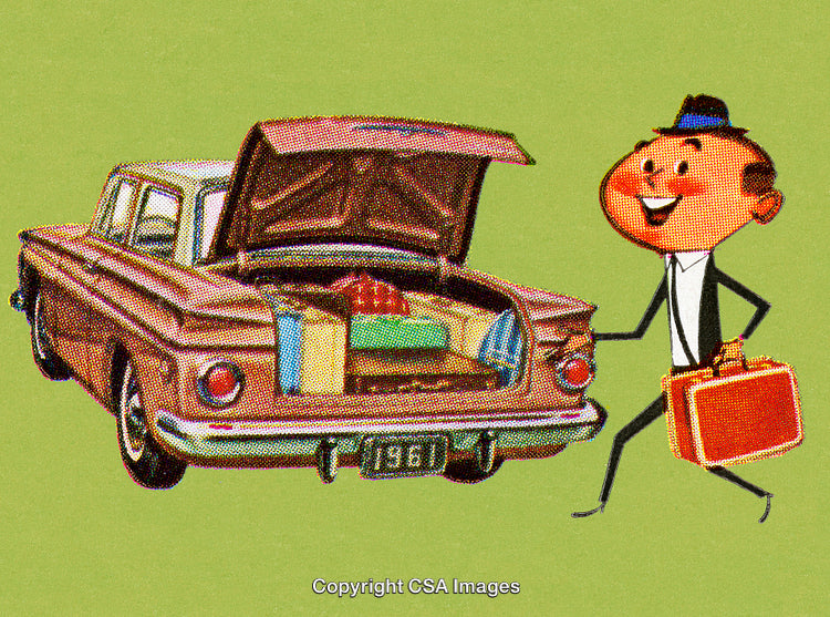 Retro Illustration of Man with Luggage and Classic Car in 1960s Style