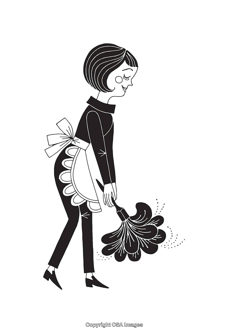 Stylized Illustration of a Retro Maid Dusting in Black and White