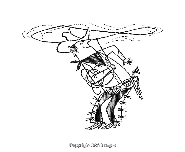 Black-and-White Line Art of Cowboy Using a Lasso