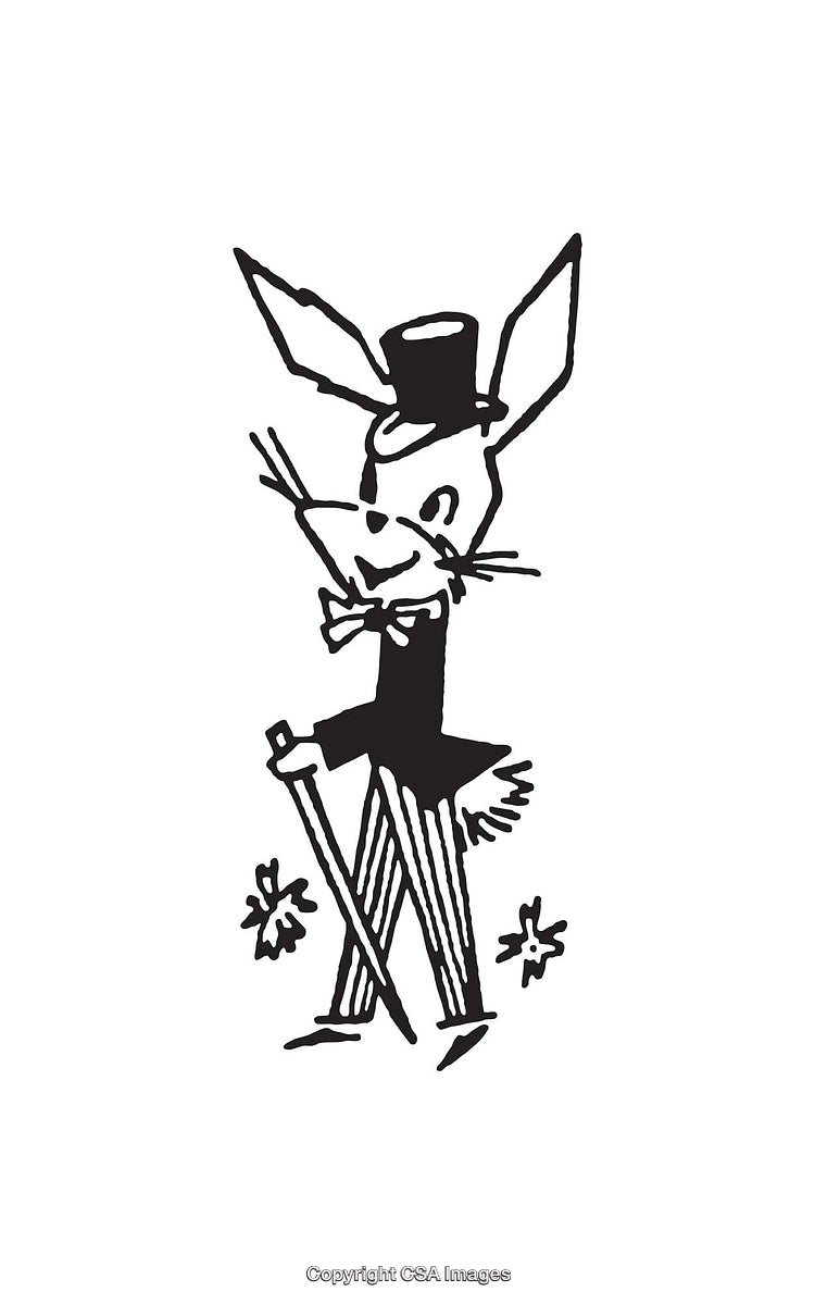 Elegant Rabbit Illustration in Top Hat and Striped Pants with Walking Cane