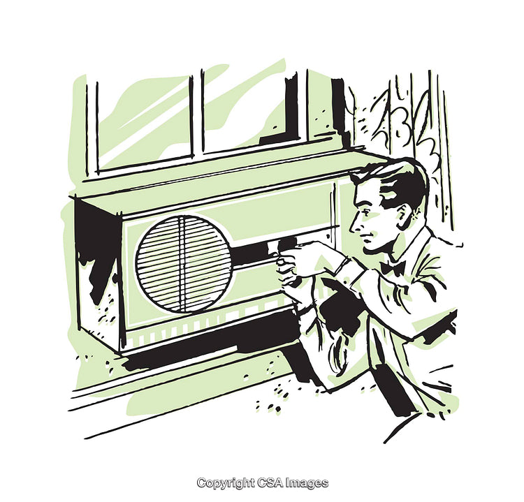 Retro Illustration of a Man Adjusting a Ventilation System at Home