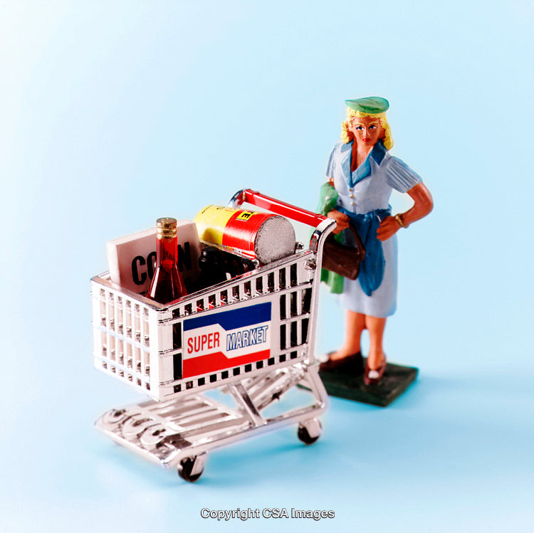 Miniature Shopping Scene with a Figurine and a Grocery Cart