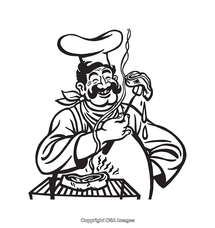 Black and White Line Art of a Chef Grilling and Smiling
