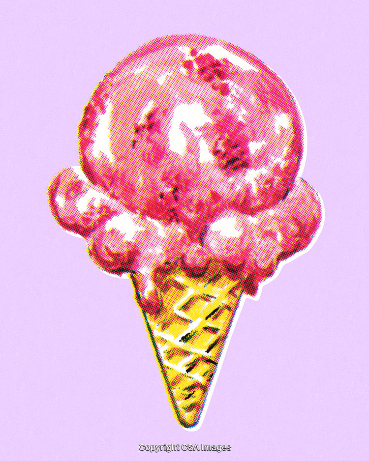 Pop Art Style Pink Ice Cream Cone on Lavender Background With Halftone Pattern