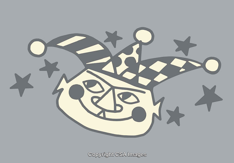 Whimsical Harlequin Jester with Stars on Gray Background