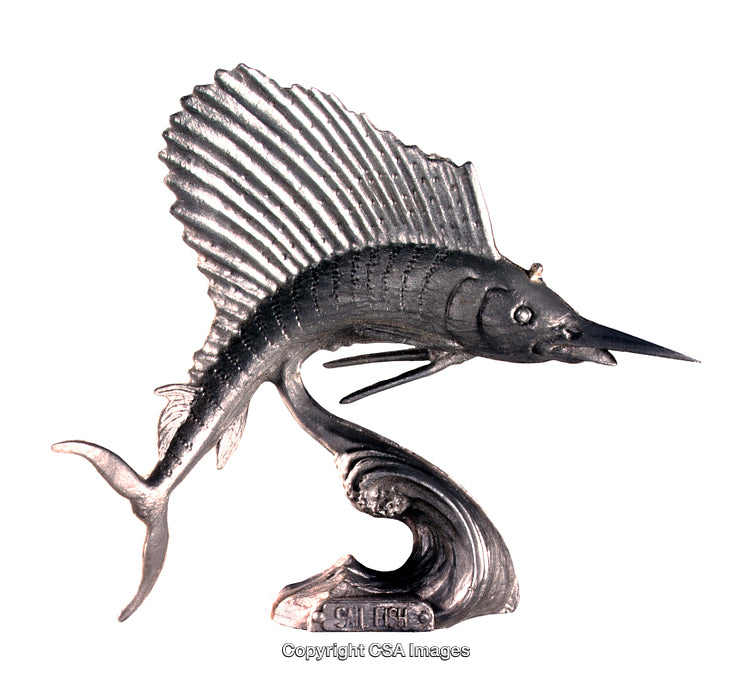 Intricate Metallic-Looking Sailfish Toy Figurine with Wave Base Design