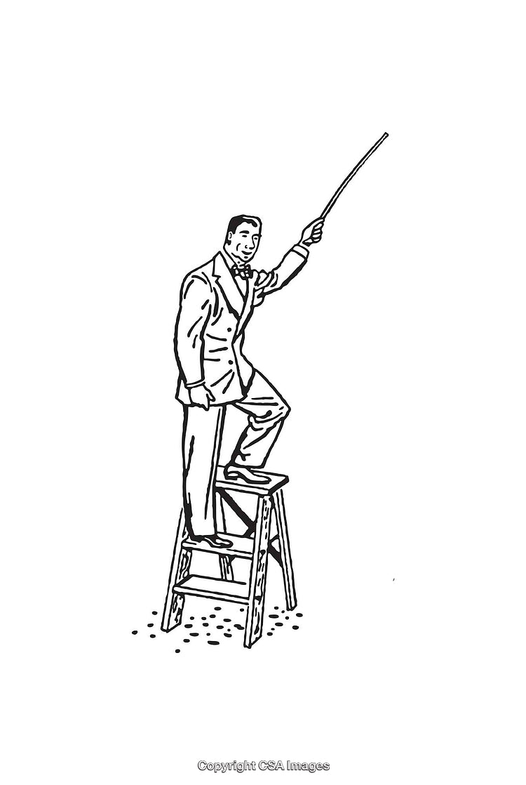 Vintage Line Art of a Man Standing on a Ladder Holding a Pointer