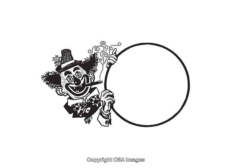 Black and White Line Art of a Clown Holding a Blank Circle