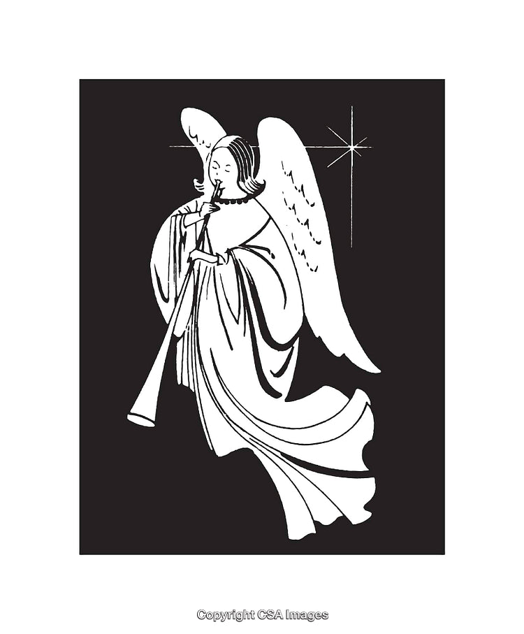Black And White Angel Illustration with Musical Instrument in a Heavenly Scene