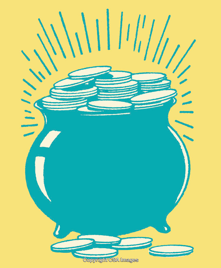 Blue Pot of Gold with Radiating Lines Against Yellow Background