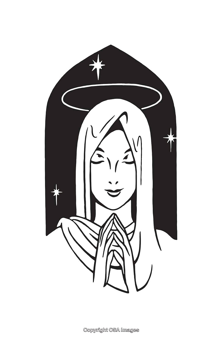 Black and White Line Art of a Woman with Halo and Stars