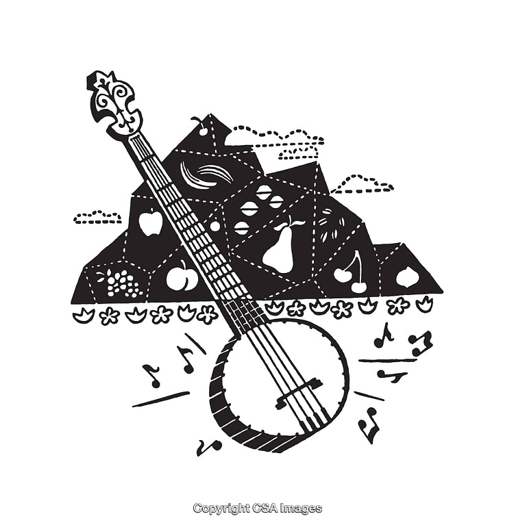 Black and White Banjo with Quilt Pattern and Musical Notes Illustration