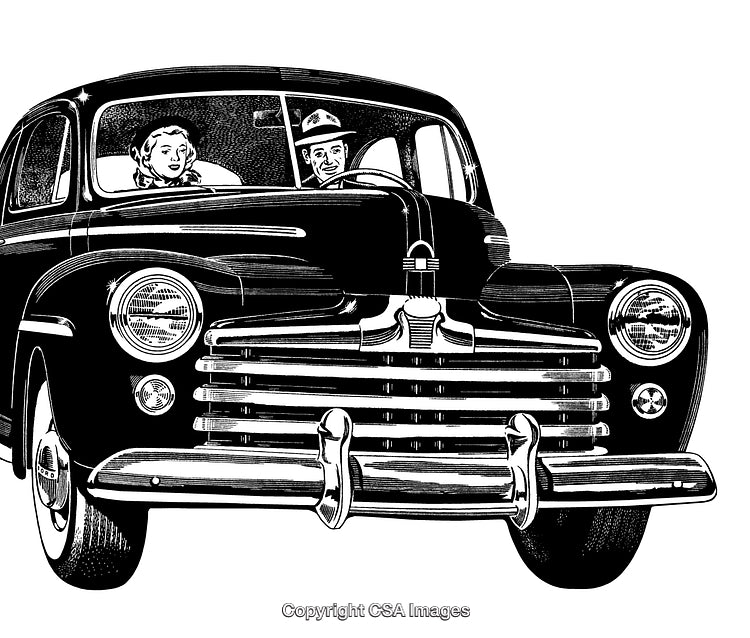 Vintage Car Driving with Happy Couple in Retro Engraving Illustration