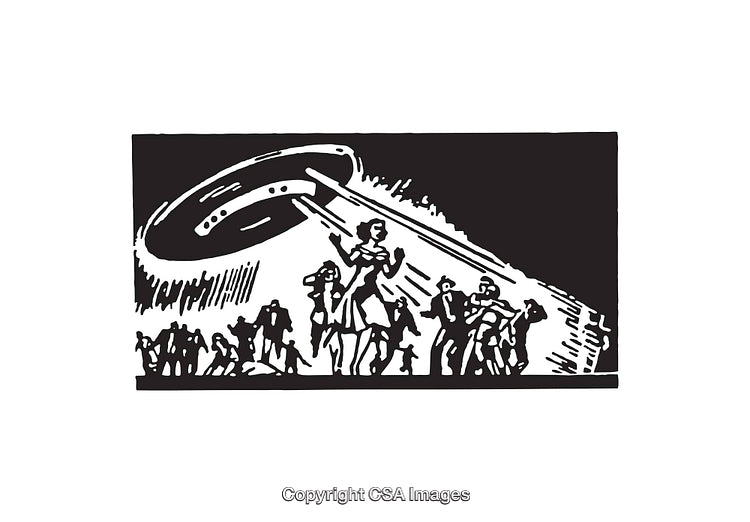Line Art Depicting Alien Spaceship and Group of People Encounter