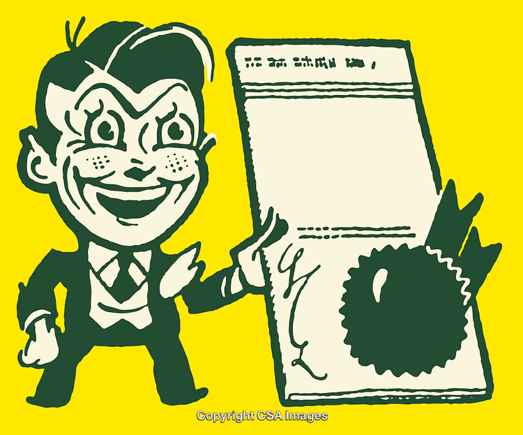 Vintage Styled Cartoon Character Holding a Certificate with a Ribbon Seal
