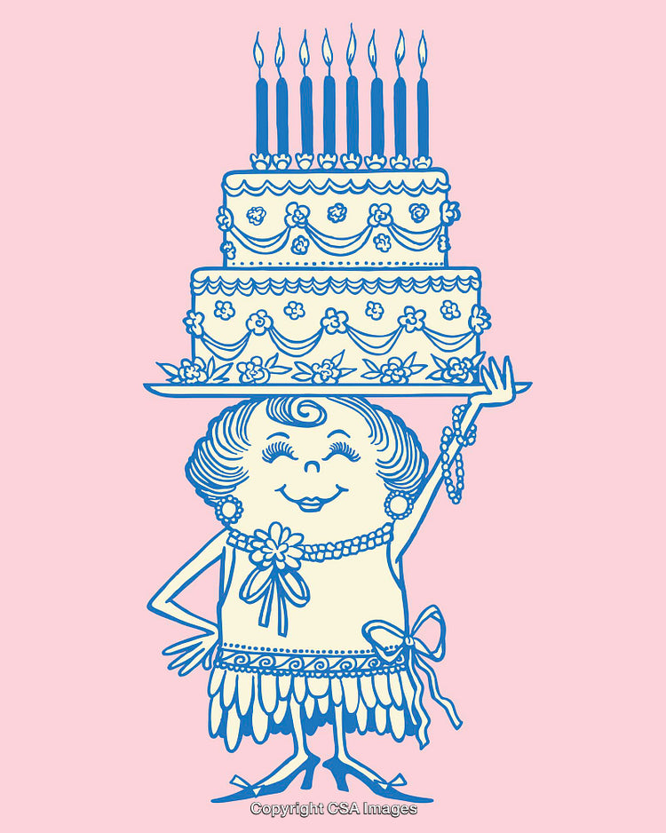 Illustrative Cartoon of a Woman with a Tall Birthday Cake as a Hat