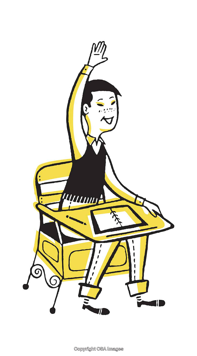 Illustration of Enthusiastic Student Raising Hand in Classroom Setting