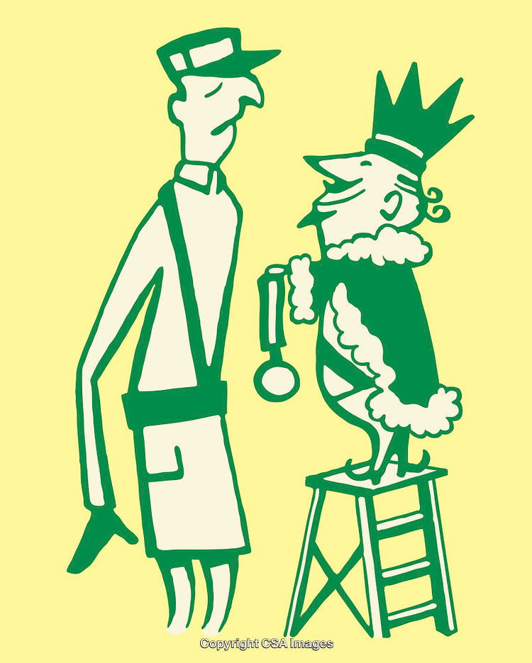 Whimsical Cartoon Scene of a King Rewarding a Postal Worker