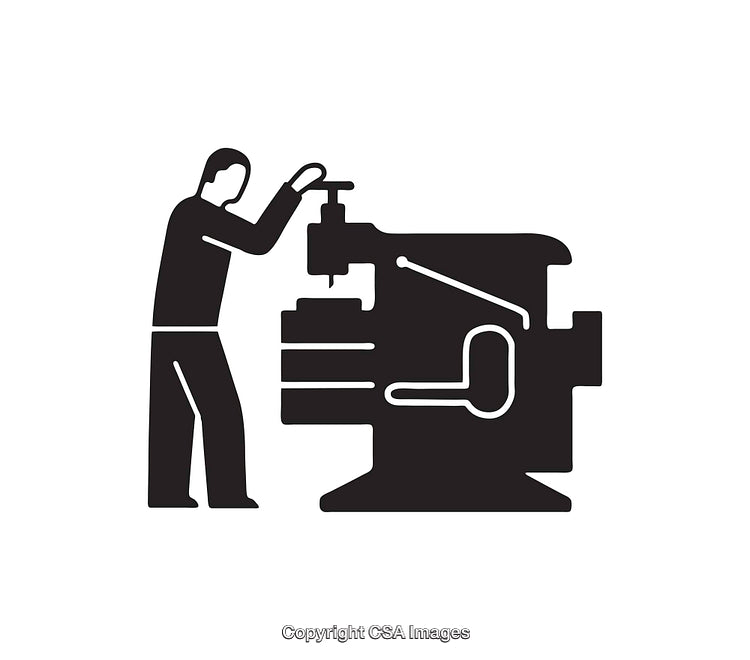 Silhouette of Worker Operating Industrial Machine in Black and White Icon
