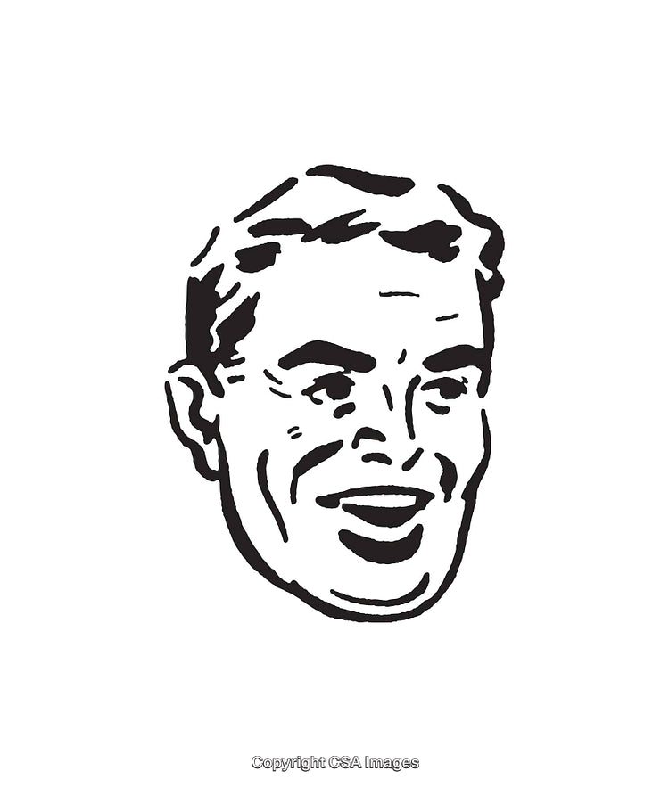 Retro Styled Black and White Line Art Smiling Man Illustration