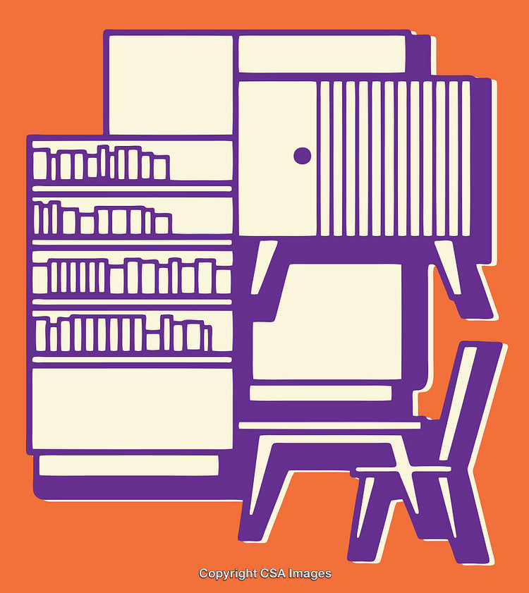 Modern Colorful Line Art Illustration of Bookshelf and Chair