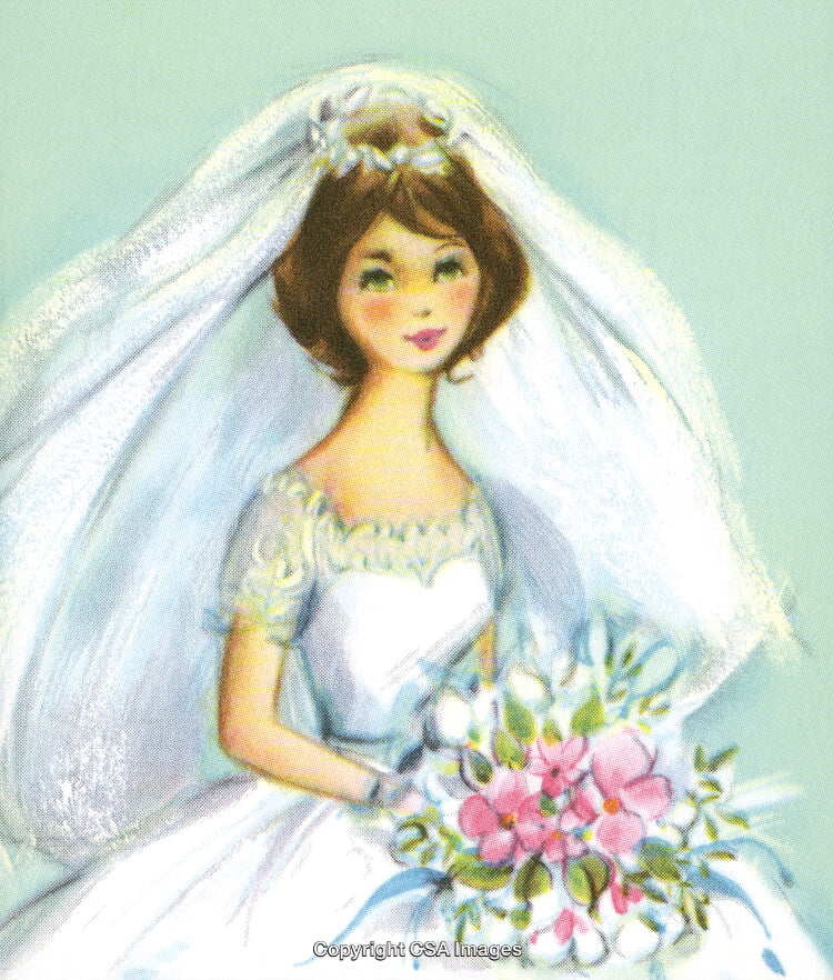 Elegant Illustration of a Bride in Wedding Attire Holding a Floral Bouquet