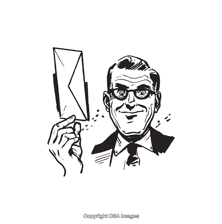 Retro Line Art Illustration of Man Holding Mail Letter with Smile