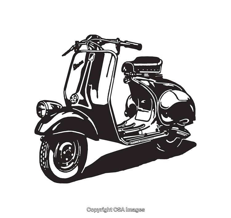 Vintage Retro Scooter in Black and White Line Art Illustration