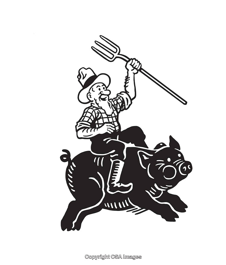 Farmer Riding a Pig Holding a Pitchfork Welcoming in Black and White Art