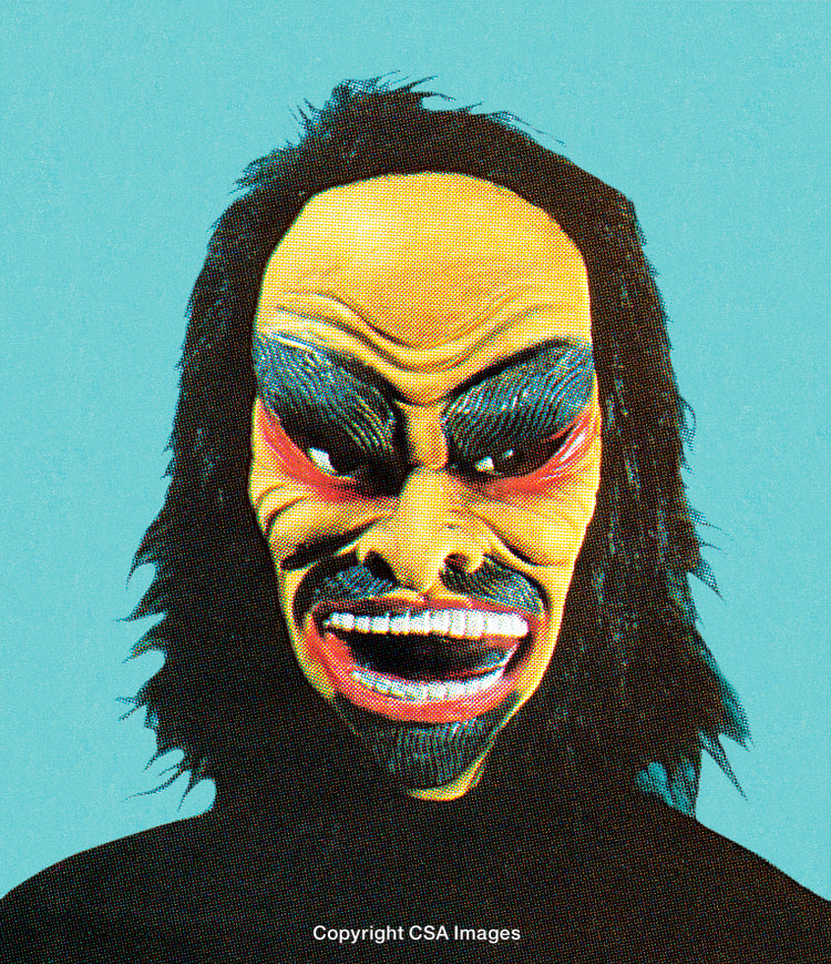 Vintage Stylized Illustration of a Masked Horror Figure on Blue Background