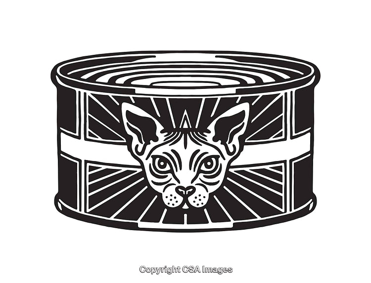 Black and White Illustration of a Cat Face on a Tinned Product Label